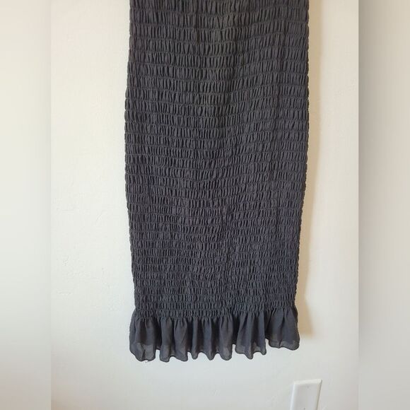 Trixxi Black Smocked Ruched Midi Dress Puff Sleeves Ruffle Vamp Witch Whimsigoth - Picture 10 of 12